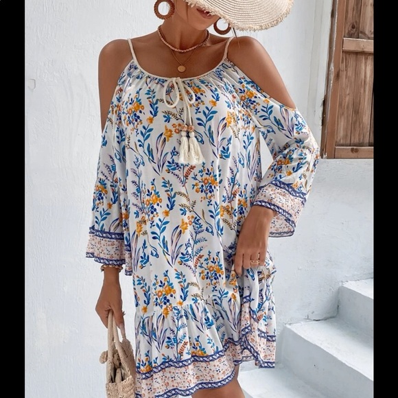 Boho Gypsy Floral Print Tassel Cold Off Drop Shoulder Dress - Picture 14 of 15